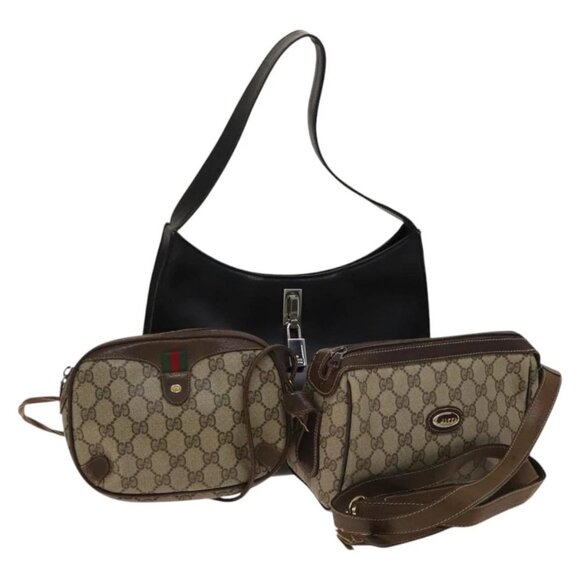 GUCCI GG Supreme Web Sherry Line Bag Leather PVC 3Set Beige Black Auth BA5126 - Picture 1 of 16